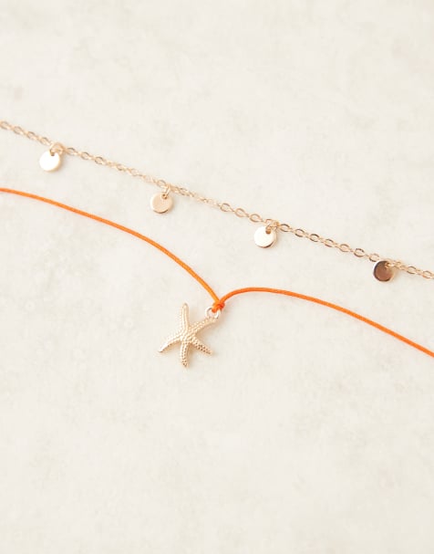 ASOS DESIGN - Ankelkæde med flere rækker i orange/guldfarve med søstjerne-vedhæng - view 1