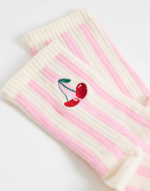 ASOS DESIGN - Ankelsokker med lyserøde striber og kirsebærbrodering, 2 af 3