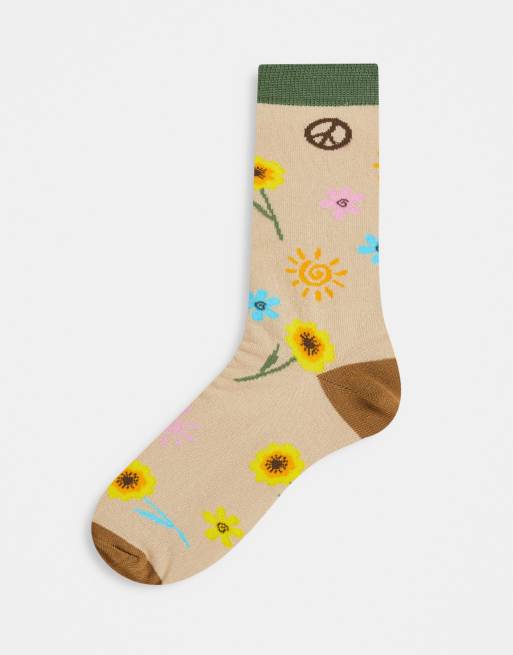 ASOS DESIGN - Ankelsokker med solsikke- og peacetegn-design