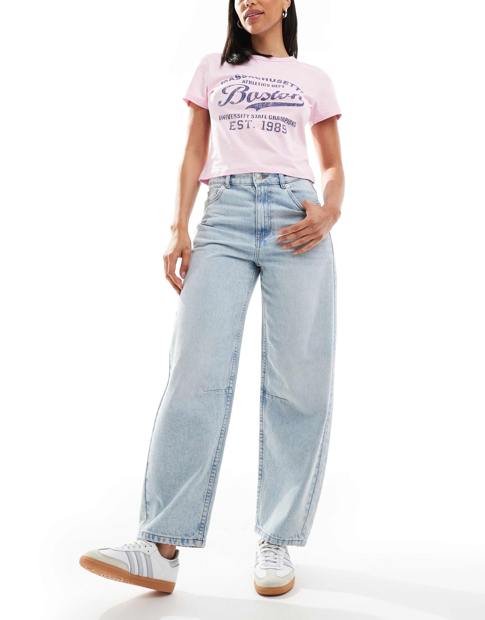 asos design ankle grazer barrel jeans with cinch rise in lightwash