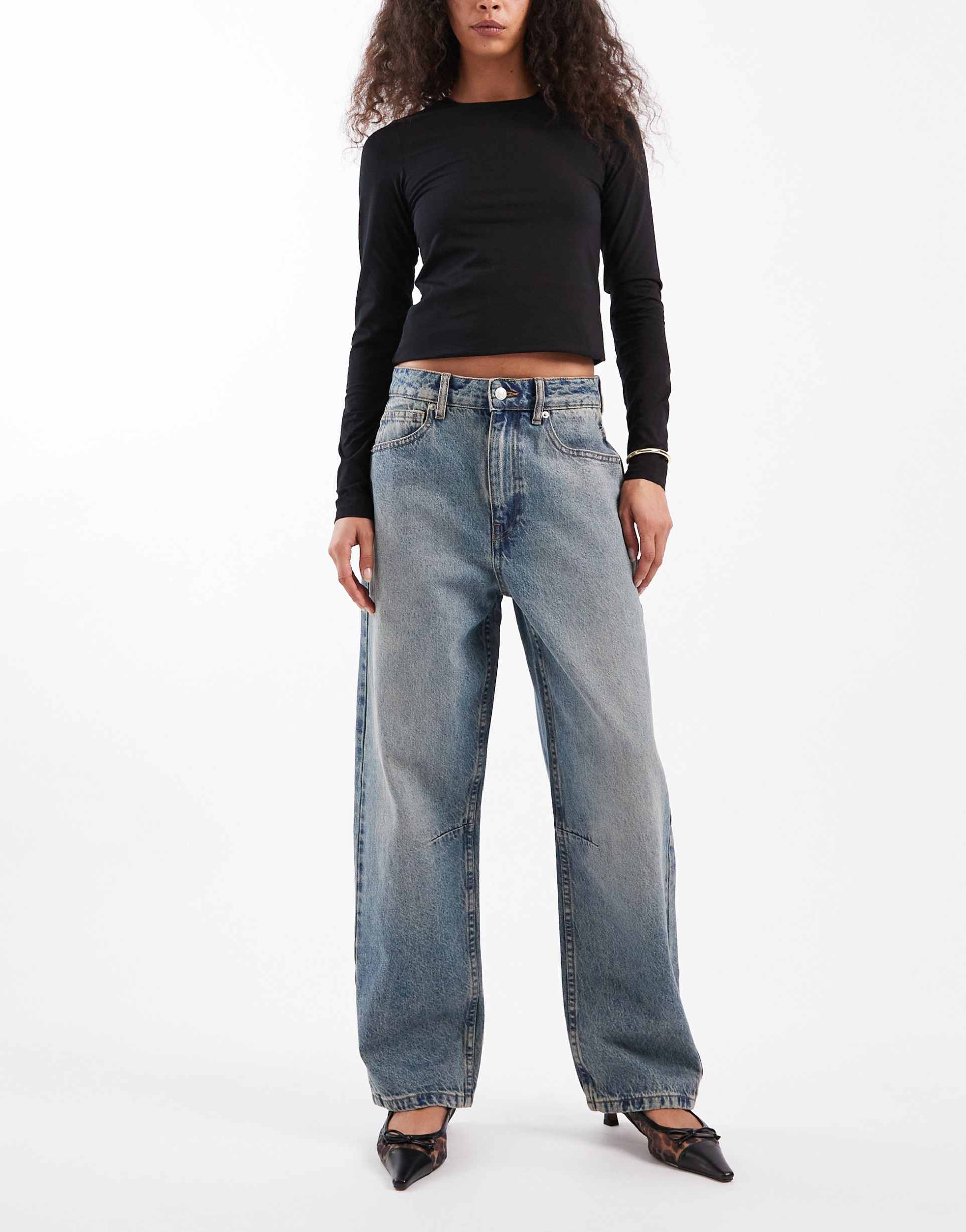 asos design ankle grazer barrel jeans with cinch waist in dark vintage wash