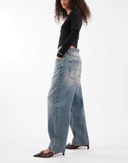 ASOS DESIGN ankle grazer barrel jeans with cinch waist in dark vintage wash , 2 of 5