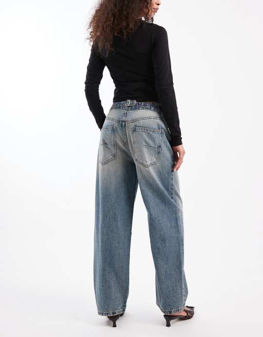 ASOS DESIGN ankle grazer barrel jeans with cinch waist in dark vintage wash , 3 of 5