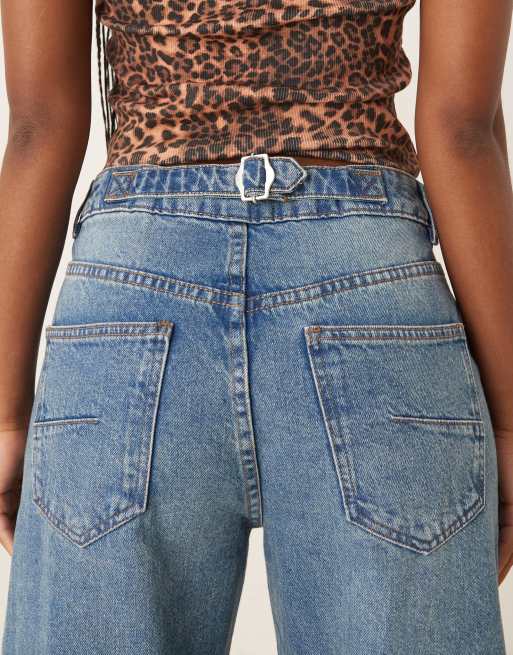 ASOS DESIGN ankle grazer barrel jeans with cinch waist in midwash , 5 of 5