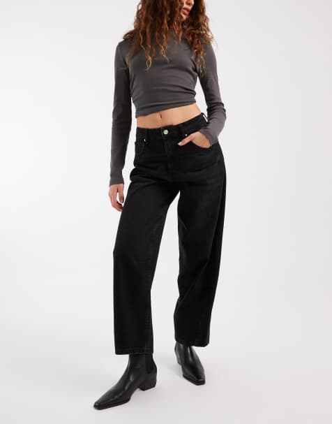 ASOS DESIGN ankle grazer barrel jeans with cinch waist in washed black 
