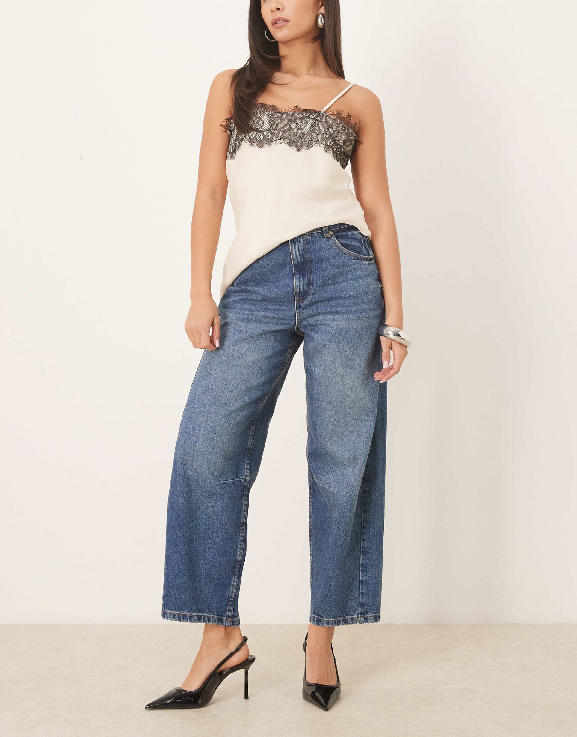 asos design ankle grazer barrel leg jeans with cinch in light wash