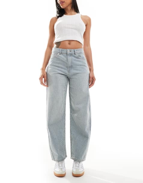 ASOS DESIGN ankle grazer barrel leg jeans with cinch in stripe - view 1