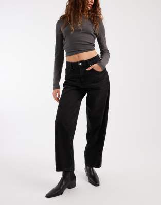 Asos Design Ankle Grazer Barrel Leg Jeans With Cinched Waist In Black