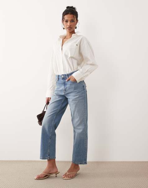 ASOS DESIGN ankle grazer comfort stretch straight leg jeans in authentic mid blue