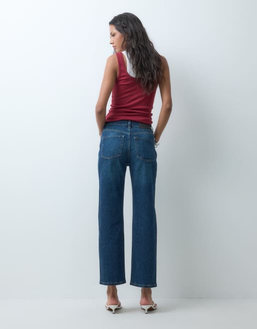 ASOS DESIGN ankle grazer comfort stretch straight leg jeans in dark mid blue, 3 of 5