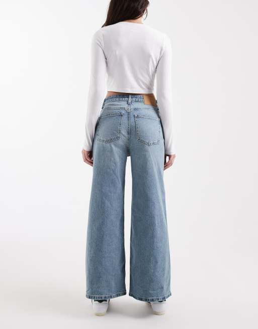 ASOS DESIGN ankle grazer high waist straight wide leg jeans in lightwash, 2 of 5