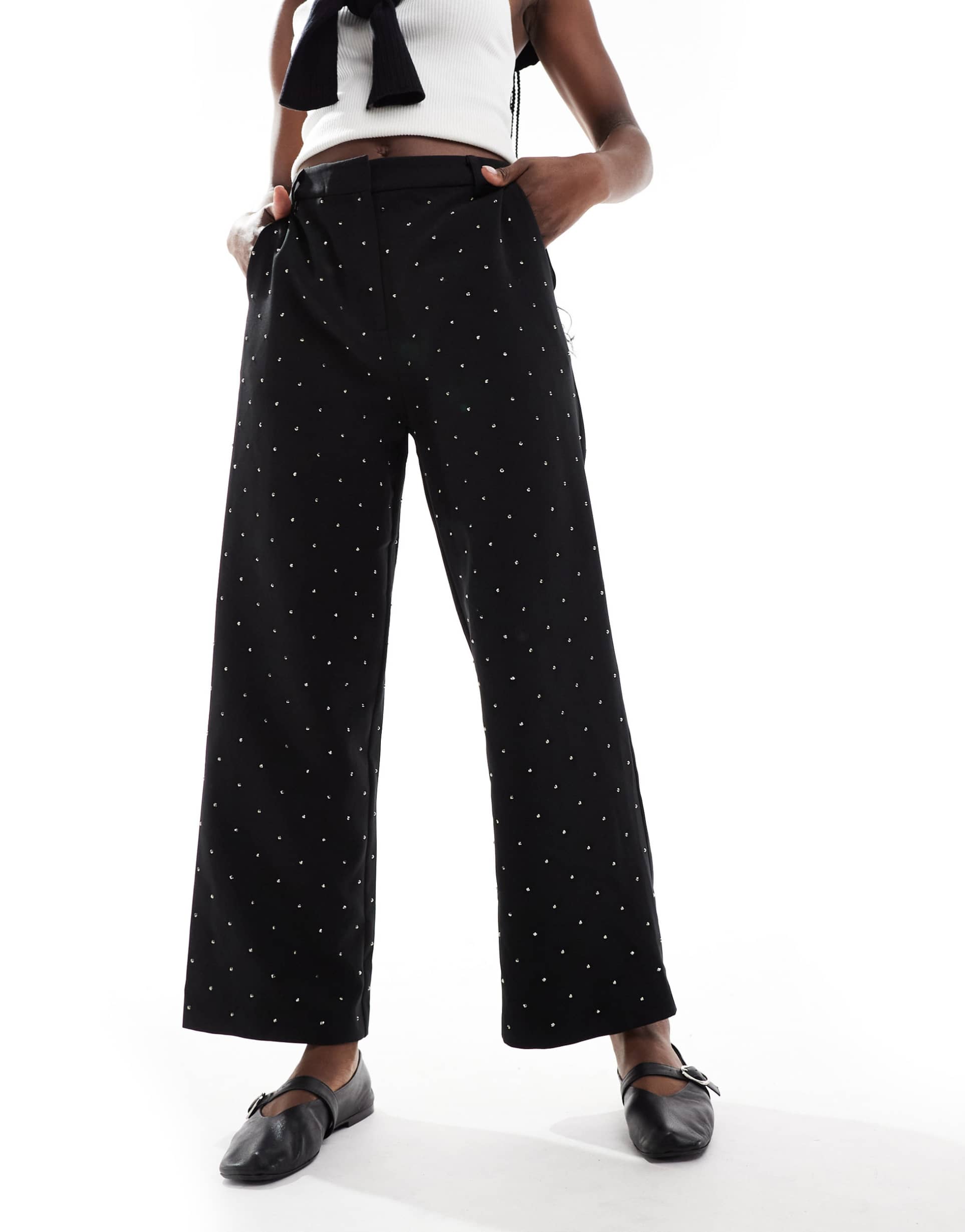 asos design ankle grazer hotfix tailored pants in black - part of a set