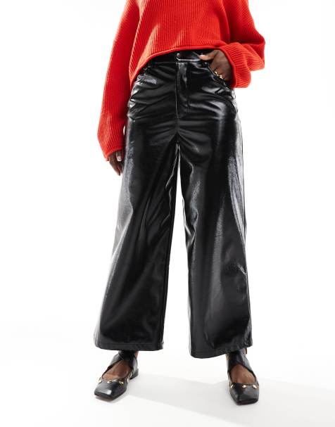 ASOS DESIGN ankle grazer wide leg high shine trouser in black - view 1