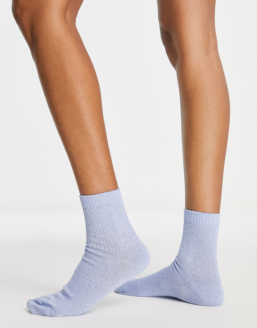 ASOS DESIGN ankle length ribbed lurex socks in blue glitter