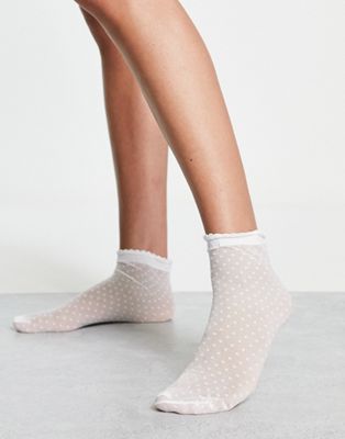 ASOS DESIGN ankle length sheer polka dot socks with frill in white