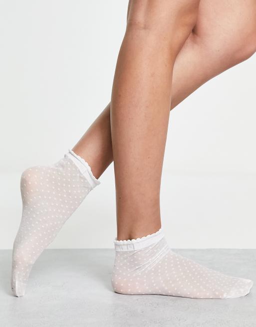 ASOS DESIGN ankle length sheer polka dot socks with frill in white, 4 of 4