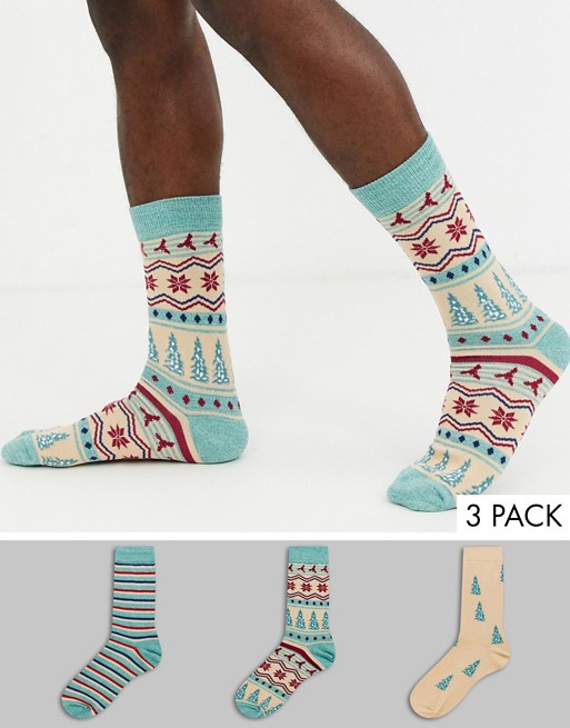 ASOS DESIGN ankle sock with christmas fairisle print wih twist 3 pack