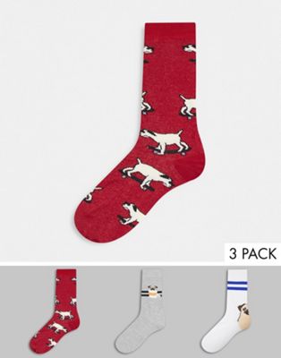 ASOS DESIGN ankle sock with happy pug designs 3 pack (22410942)