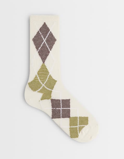 ASOS DESIGN ankle socks in green & brown argyle print - view 1