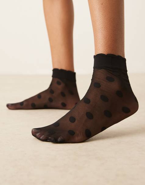 ASOS DESIGN ankle socks in sheer polka dots with frill top in black - view 1