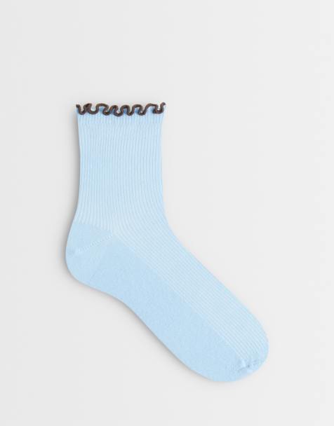 ASOS DESIGN ankle socks with contrast frill trim in light blue with brown trim - view 1