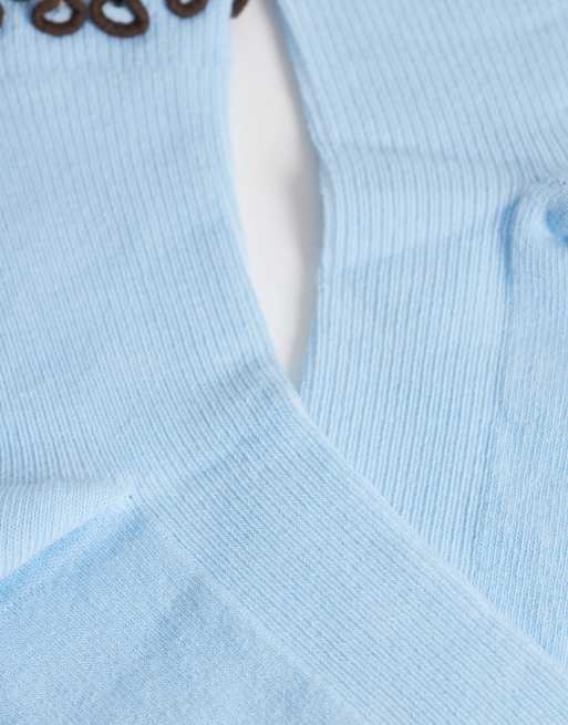 ASOS DESIGN ankle socks with contrast frill trim in light blue with brown trim, 3 of 3