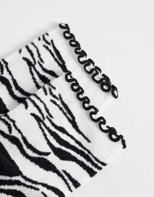 ASOS DESIGN ankle socks with frill edge in zebra print, 2 of 3