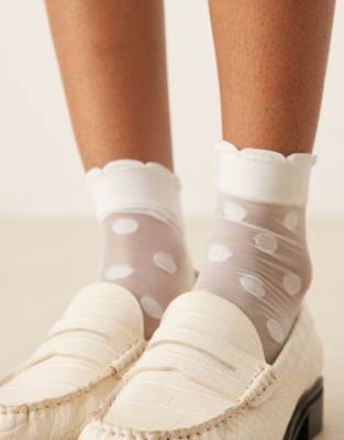 ASOS DESIGN ankle socks with frill top in white sheer polka dots