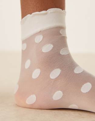 ASOS DESIGN ankle socks with frill top in white sheer polka dots