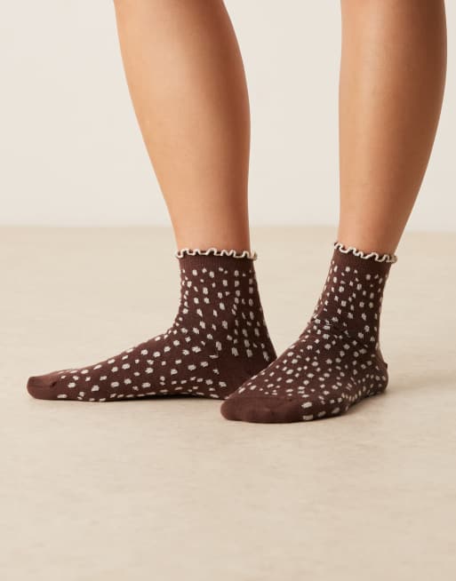 ASOS DESIGN ankle socks with frill tops in brown deer print