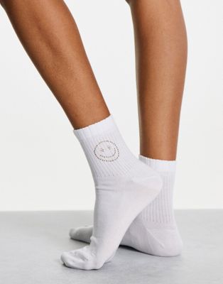 ASOS DESIGN ankle socks with hotfix happy face in white