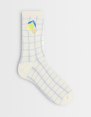 Asos Design Ankle Socks With Lemon Embroidery In White