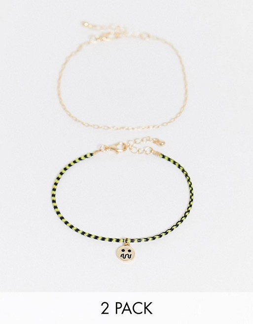 ASOS DESIGN anklet pack with cord and confused face chain in gold tone