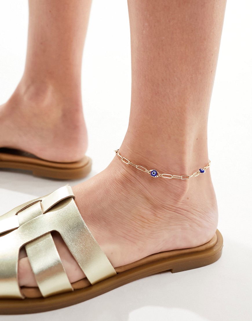 Asos Design Anklet With Blue Eye Charms In Gold Tone
