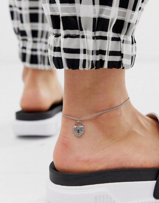 ASOS DESIGN anklet with crystal heart padlock in silver tone