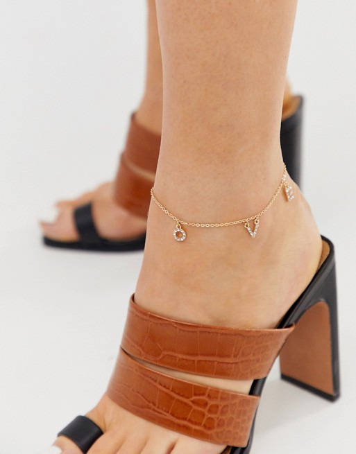 ASOS DESIGN anklet with crystal love charms in gold tone