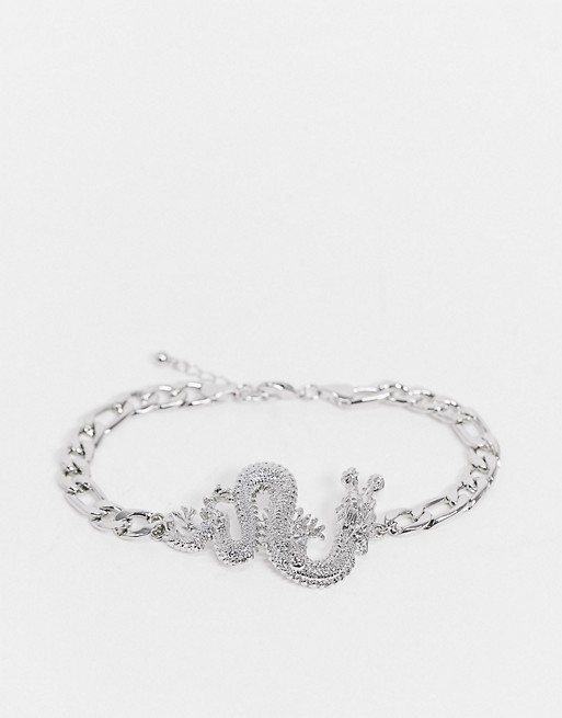 ASOS DESIGN anklet with dragon in silver tone
