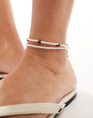 Asos Design Anklet With Faux Pearl And Cherry Design-multi