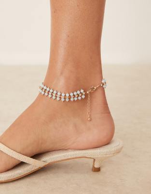 Asos Design Anklet With Faux Pearl And Crystal Cupchain In Gold