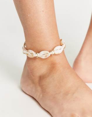 Asos Design Anklet With Faux Shell And Gold Bead Design