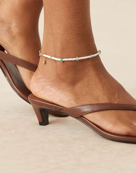 ASOS DESIGN anklet with real semi precious stone green chippings and white beads - view 1