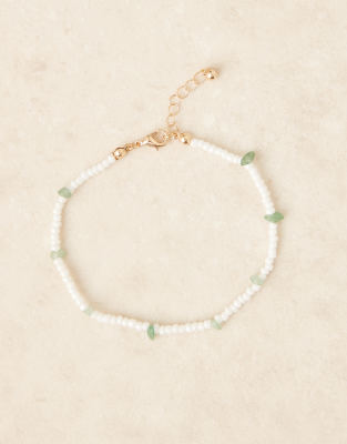 Asos Design Anklet With Real Semi Precious Stone Green Chippings And White Beads In Metallic