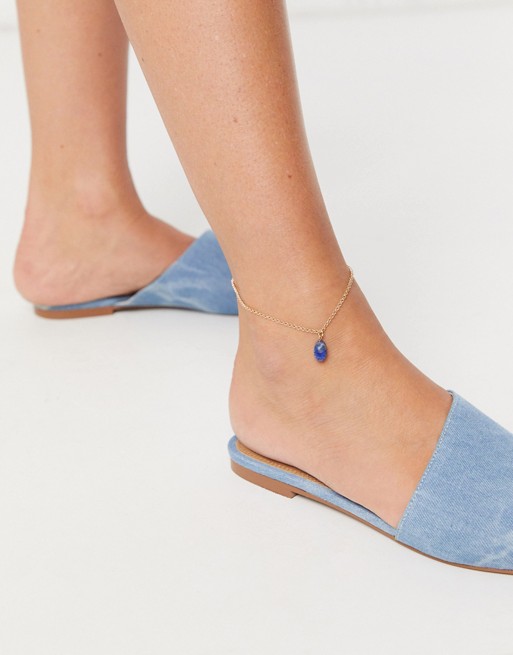 ASOS DESIGN anklet with semi-precious blue lapis stone in gold tone