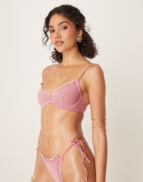 ASOS DESIGN – Anna – Bikini aus Seersucker mit burgunderroten Streifen - view 1
