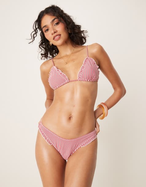 ASOS DESIGN – Anna – Dół od bikini z obniżonym stanem z marszczonego materiału w bordowe paski - view 1