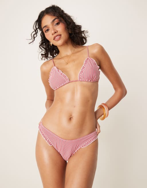 ASOS DESIGN – Anna – Dół od bikini z obniżonym stanem z marszczonego materiału w bordowe paski