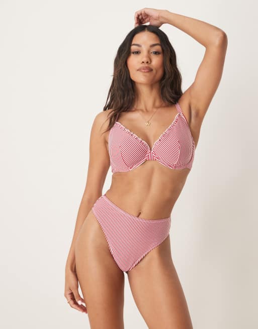 ASOS DESIGN - Anna - Hoog uitgesneden bikinibroekje van gestreepte seersuckerstof met hoge taille in bordeauxrood