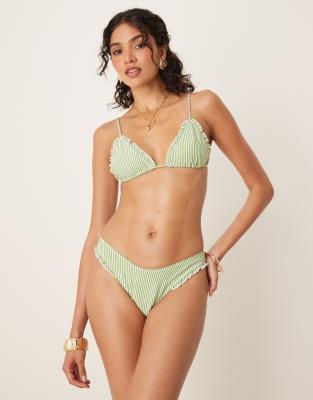 ASOS DESIGN - Anna - Hüfthoher Bikinislip aus Seersucker in Grün gestreift