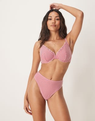 ASOS DESIGN - Anna - Seersucker-Bikinihose in gestreiftem Burgunderrot mit hohem Bund und hohem Beinausschnitt