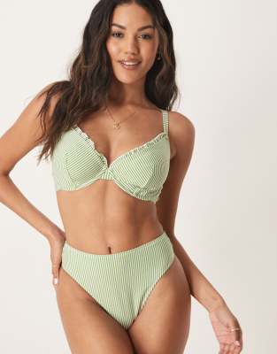ASOS DESIGN - Anna - Seersucker-Bikinihose in gestreiftem Grün mit hohem Bund und hohem Beinausschnitt